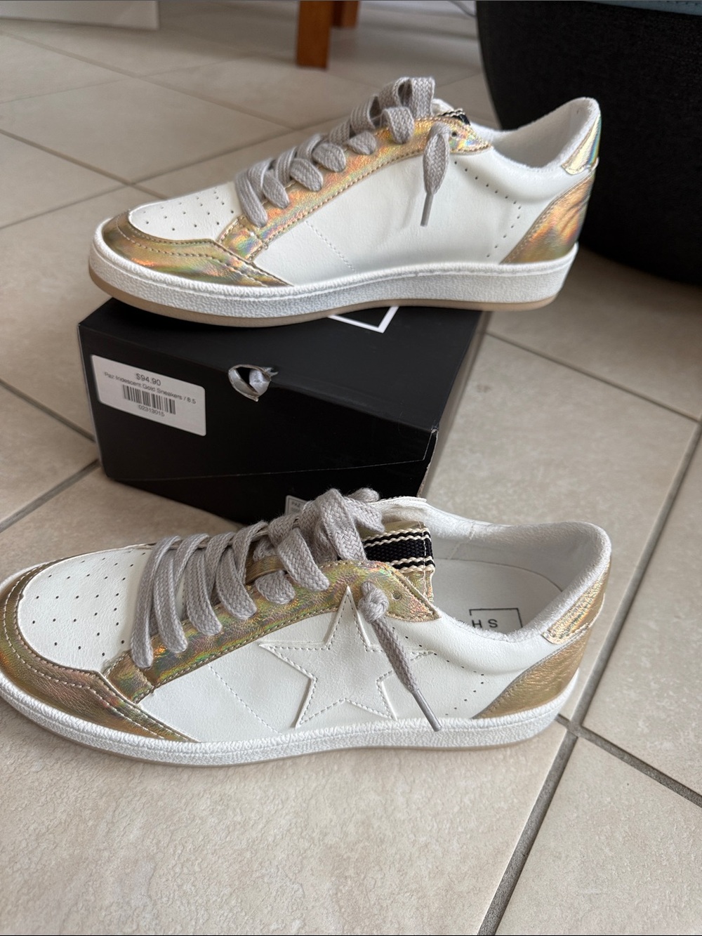 NWT Shu Shop Women's White Sneakers with Iridescent Gold Trim